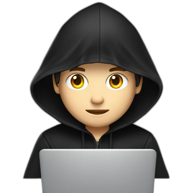 Young white developer with a black hood behind his laptop on a desktop emoji