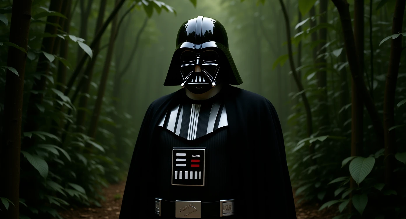 cinematic still, documentary photography, amazon jungle, well lit scene, Darth Vader is exploring the jungle, close up, front shot, rule of thirds emoji