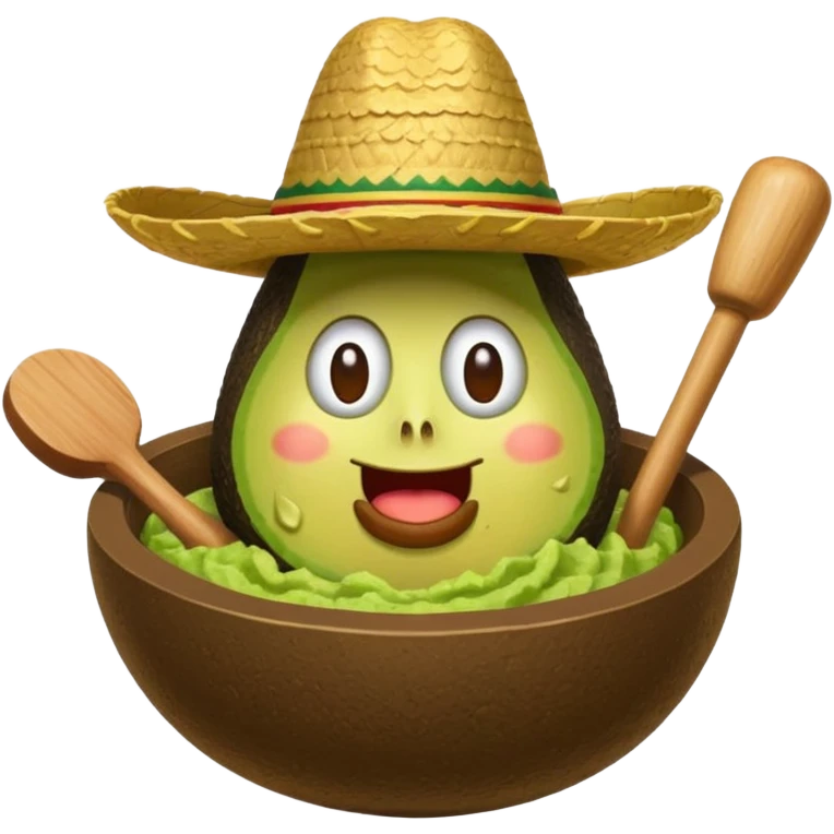 avocado in a bowl of guacamole wearing a sombrero with a mallet swinging down toward its head, whack-a-mole action, iOS emoji style emoji