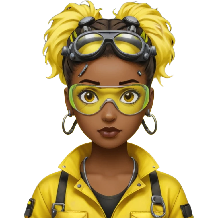 Cyberpunk black female mechanic, yellow tech goggles on forehead, messy hair bun, ear piercings, tool collar, grease smudge on cheek, focused expression, neon yellow lighting emoji