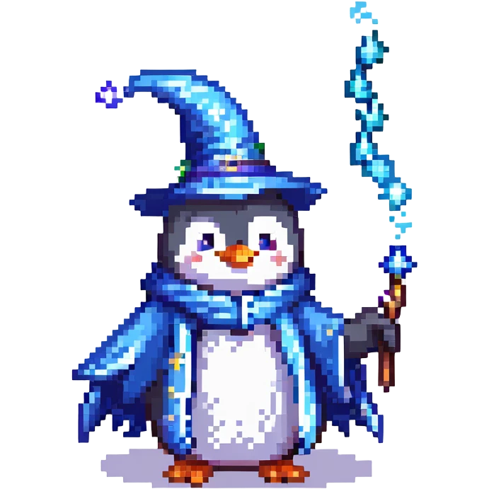 a penguin wizard casting a spell, with sparkles and a blue robe, pixel art style emoji