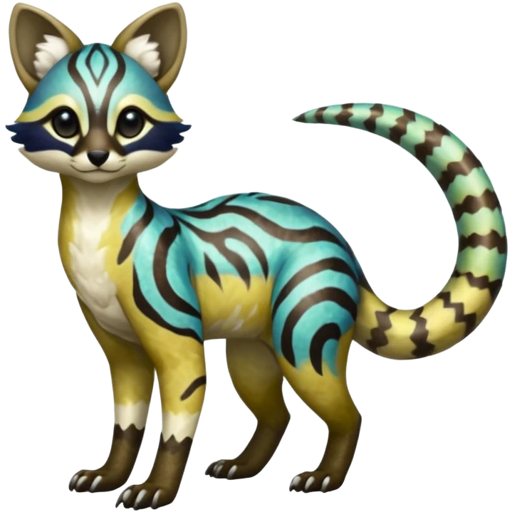 Rare realistic iridescent shiny warm-colored lush tropical exotic cute epic pretty beautiful handsome gorgeous aesthetic colorful vibrant Vernid-Protogen-Primagen-Wickerbeast-Genet-Trico-species-Fakemon-hybrid-creature by LiLaiRa, beautiful intricate markings, full body emoji