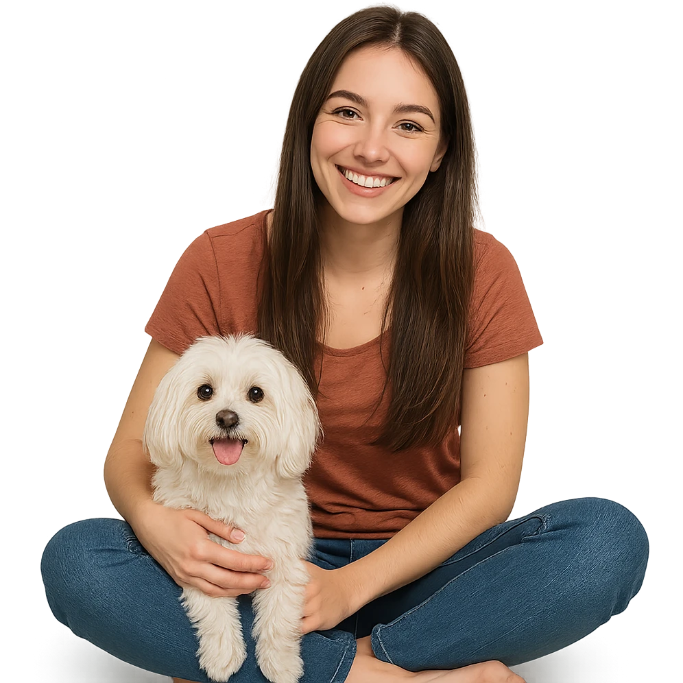 brunette girl with long hair sitting beside a Maltese dog, both smiling emoji