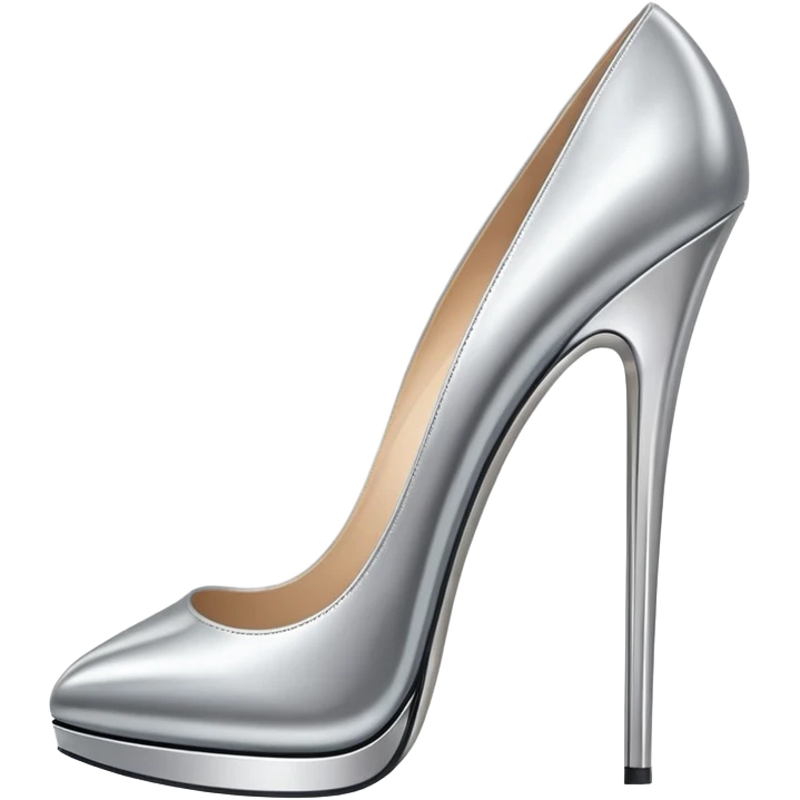A pair of high heel shoes emoji made of polished silver chrome, elegant sharp silhouette, smooth metallic surface, glossy reflections, luxury sexy vibe, minimalistic iOS emoji style, centered, clean white background emoji