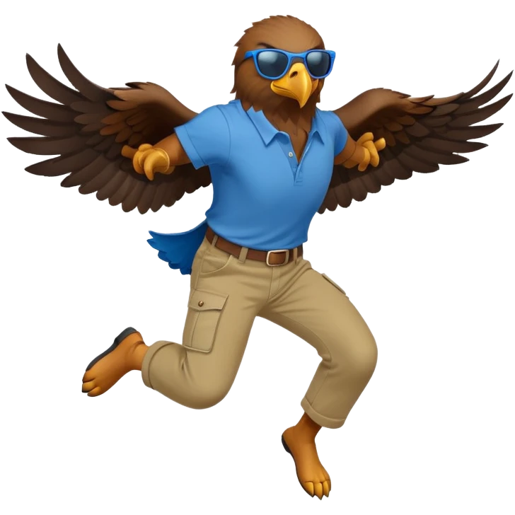 friendly anthropomorphised male eagle in a shirt and pants jumping wearing sunglasses emoji