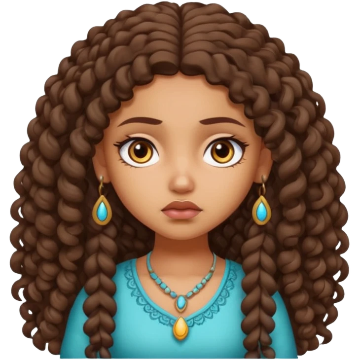 a tan pretty bratz indian girl with curly long brunette hair, looking sad emoji