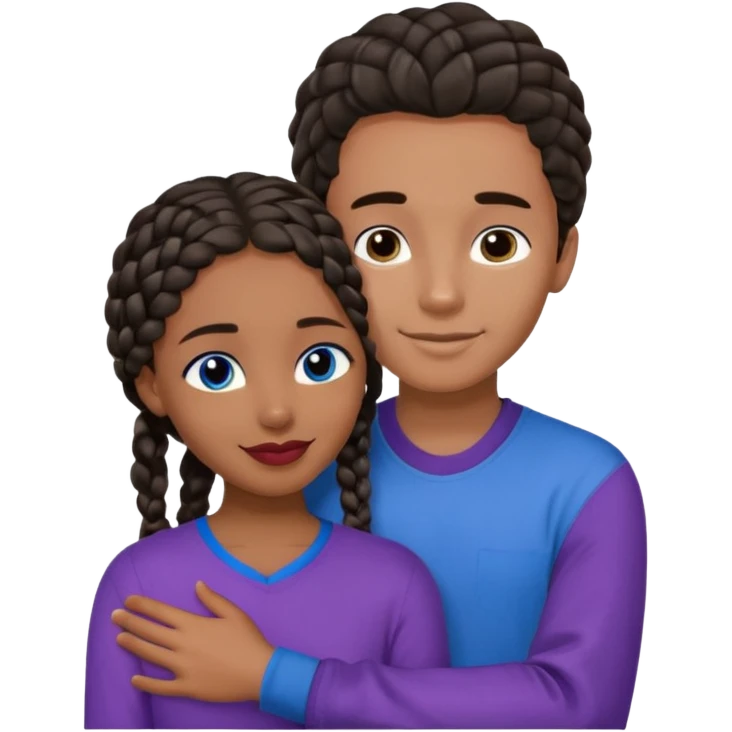 Boyfriend who is middle Easterntan olive skinned with blue eyes and wavy straight brown hair in a blue shirt and his African girlfriend who is very black skinned, juicy lipped with black braided hair and the two are hugging and smiling hugely she’s wearing purple and she has black eyes emoji