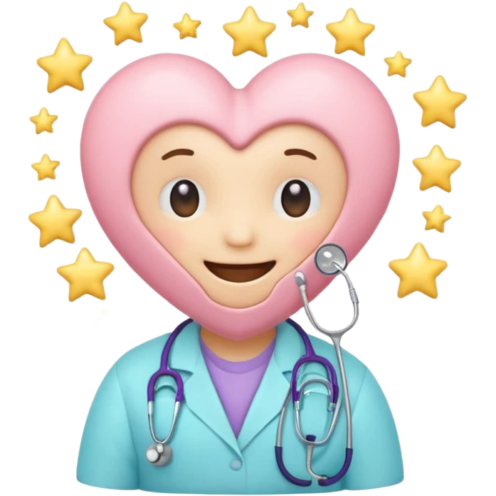 Cute pastel emoji of a smiling heart wearing a stethoscope like a hug, tiny brain inside, little sparkle star, soft glow, rounded edges, cozy and aesthetic. emoji