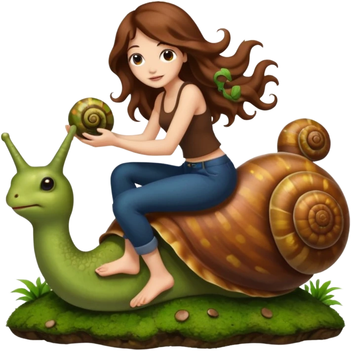 cute woman long wavy brown hair tattoos riding moss snail emoji