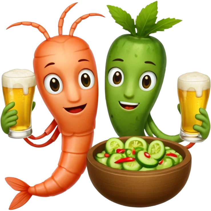 Create a modern emoji-style illustration of two shrimp characters, friendly and cool, slightly cartoon but stylish, not childish.
They are toasting (‘salud’), one shrimp holding a beer mug with aguachile topping, the other holding a fresh aguachile bowl with cucumber and chili.
  emoji