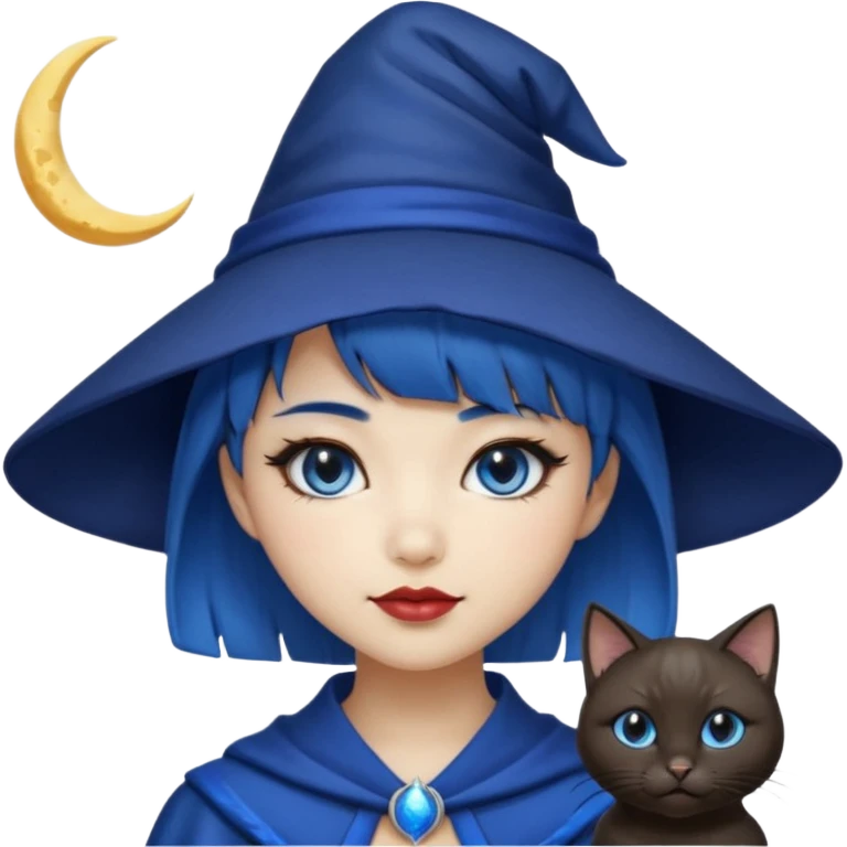 an asian short haired girl with electric blue highlighted short hair with bangs, with her silver left eye and dark brown right eye, with black cat eyed style eyeliner, and smirk of natural toned lipstick, with wizard hat with moon emblem on his hat. emoji