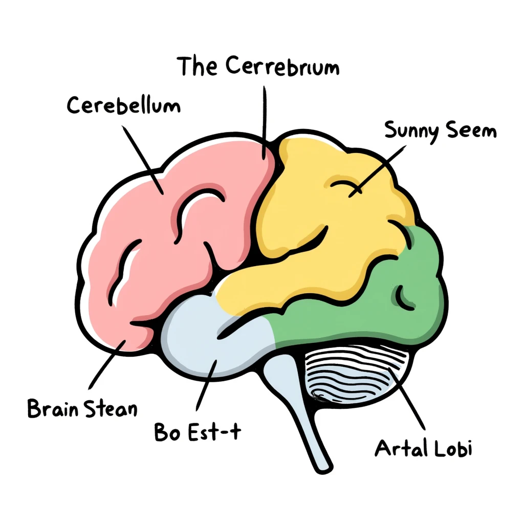 Anatomical brain diagram with colored regions: cerebrum in pink, cerebellum in yellow, brain stem in green, and frontal lobe in light blue. Detailed hand-drawn medical illustration with labeled major parts and lobes. emoji