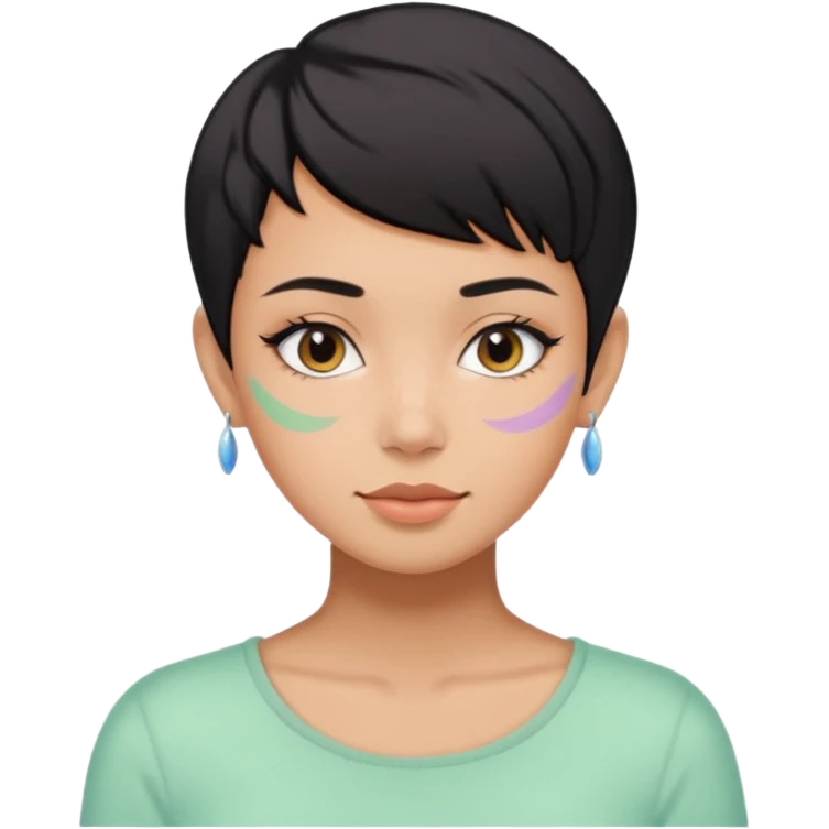 tan girl with black hair & a pixie cut no earrings doing cute pastel colors skin care emoji
