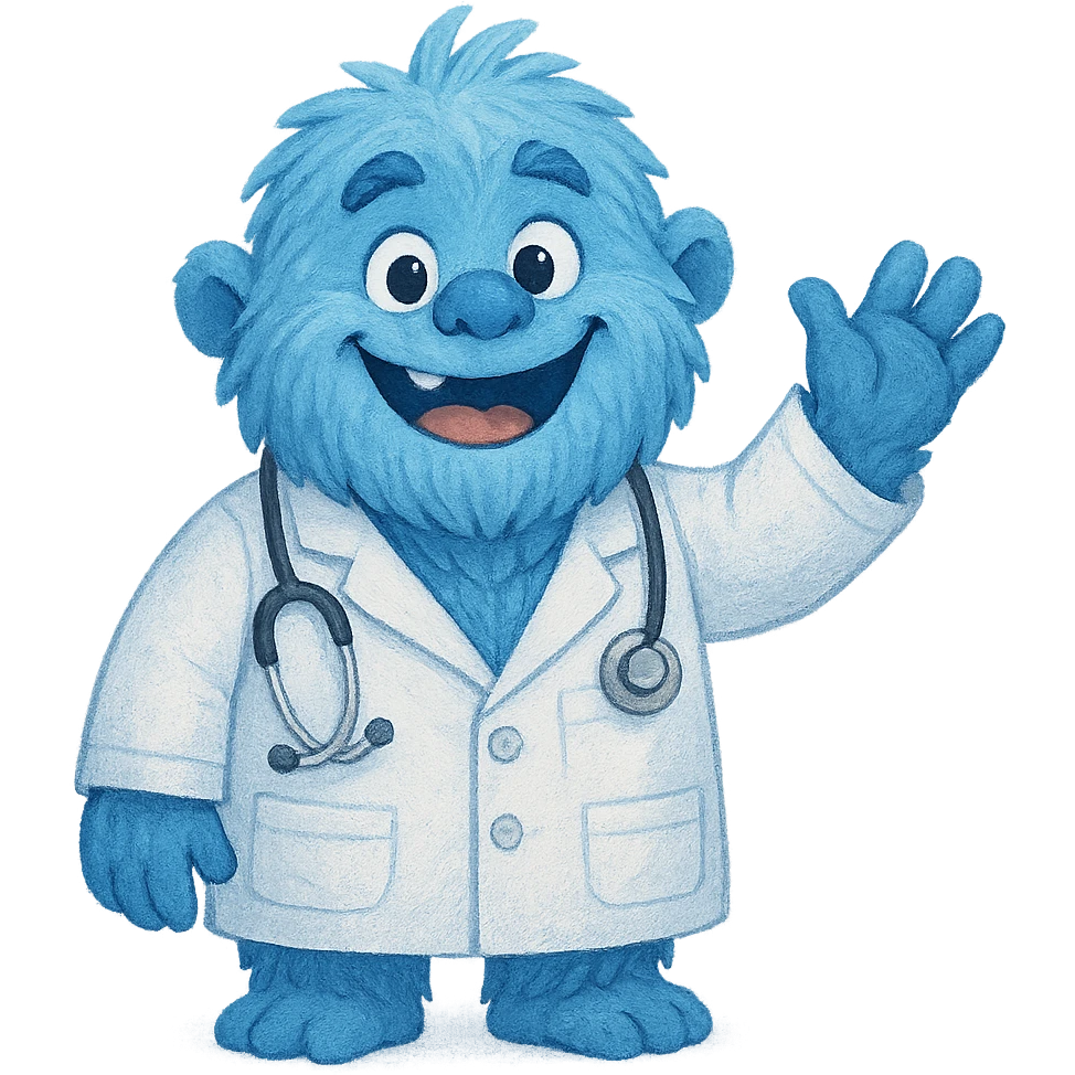 blue yeti character, fluffy and cheerful, wearing a doctor's white coat, waving hand emoji