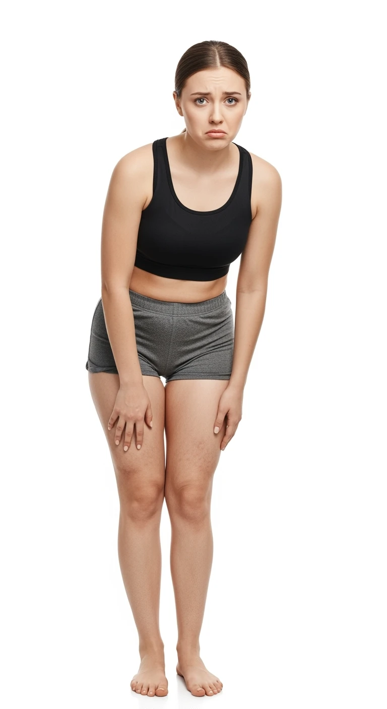 donna giovane con cellulite buchi di cellulite e ritenzione in gym short leggermente piegata in avanti, con espressione dispiaciuta in volto isolata su sfondo bianco emoji