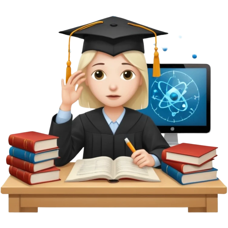 A very exhausted graduate student studying statistical physics. With some books on statistical physics, and a lot of papers, and computers emoji