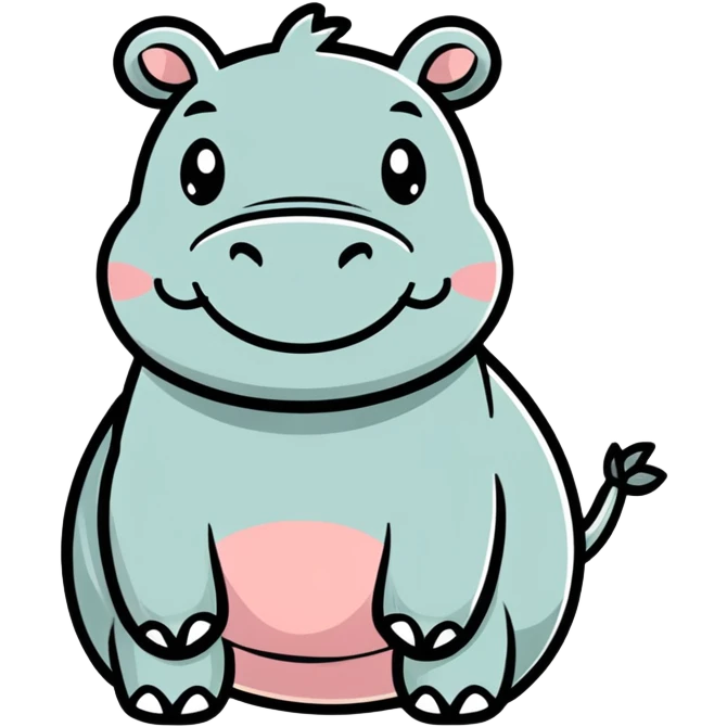 hippopotamus character in Kakao style, round and cute face, smiling expression, bold lines, yellow background emoji