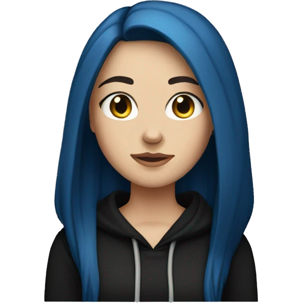 white girl with long straight dark blue hair wearing black hoodie emoji