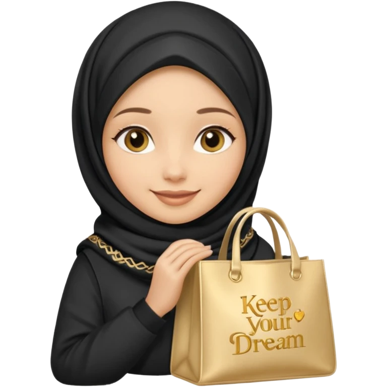 iOS 18 emoji style hijabi girl, gorgeous eye-catching hijab, smiling, holding tote bag with 'keep chasing your dream' in soft gold text emoji