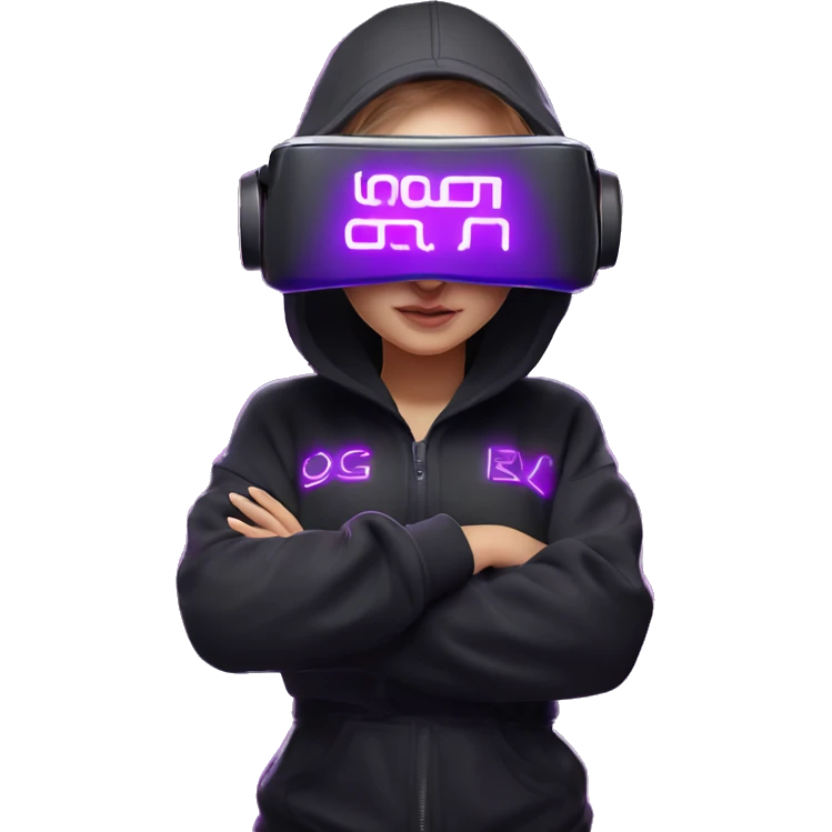 Russian girl wearing black hoody with violet letters "OMG", in vr headset oculus quest2. Standing like jedi. Cyberpunk style. Violet neon. emoji