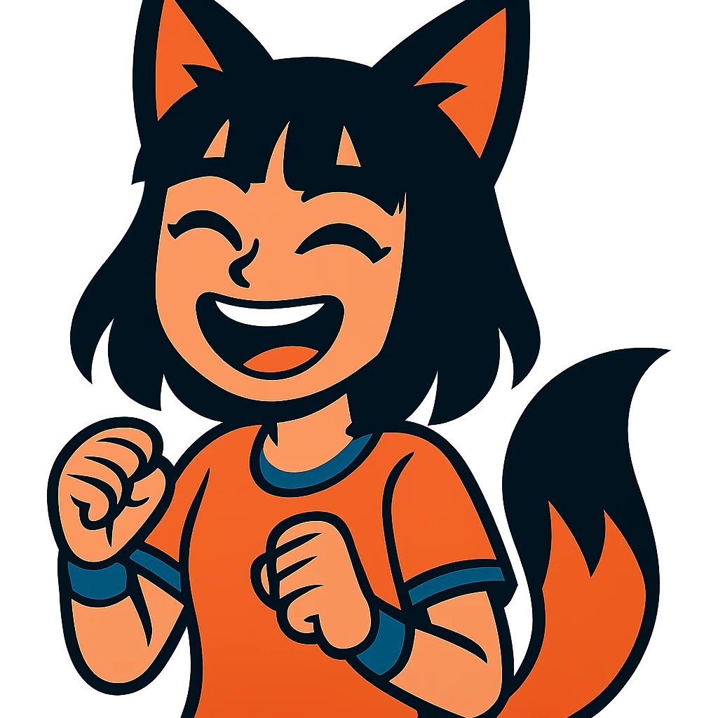 A girl with black fox ears and a tail, green eyes, dark hair, laughing emoji