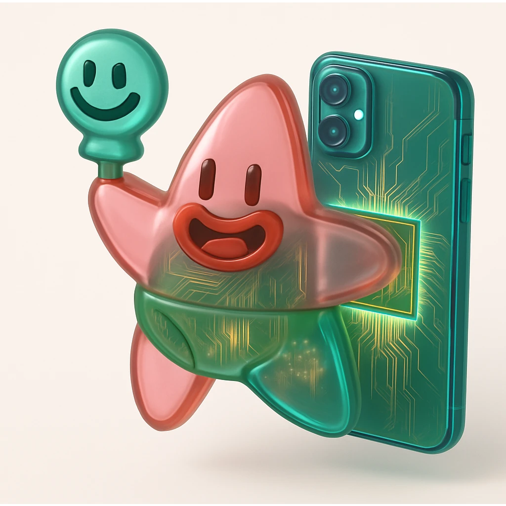 A futuristic smartphone with glowing internal circuitry visible through the translucent casing emoji
