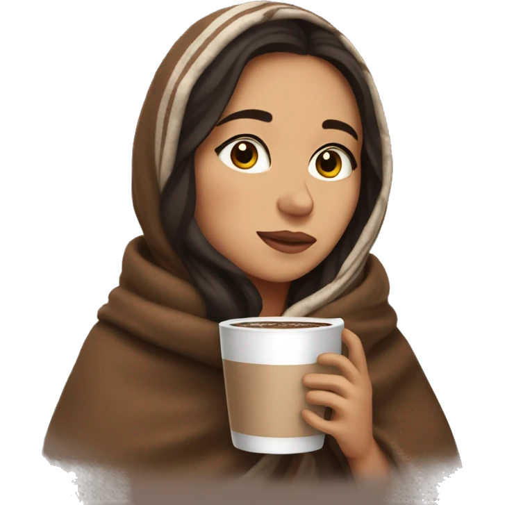 cozy brunette girl in blanket drinking hot chocolate eyes closed emoji