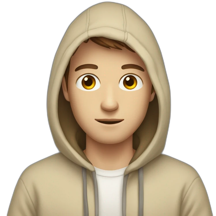 White guy in beige hoodie with brown hair geen eyes hair is one way and a litte to the otherside emoji