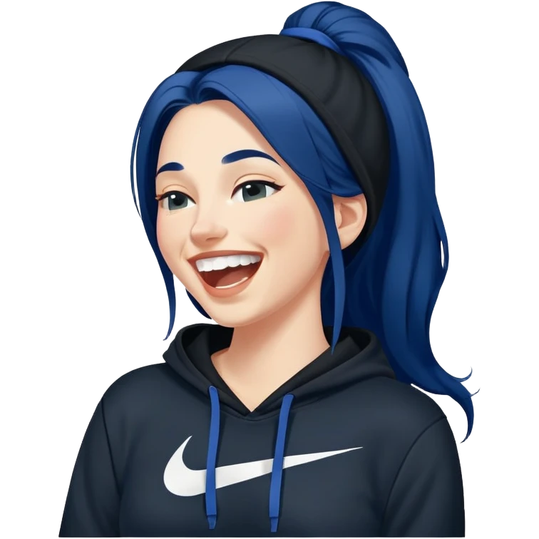 White 30 year old woman with really long dark blue hair head back laughing hysterically wearing a black hoodie with a Nike logo emoji