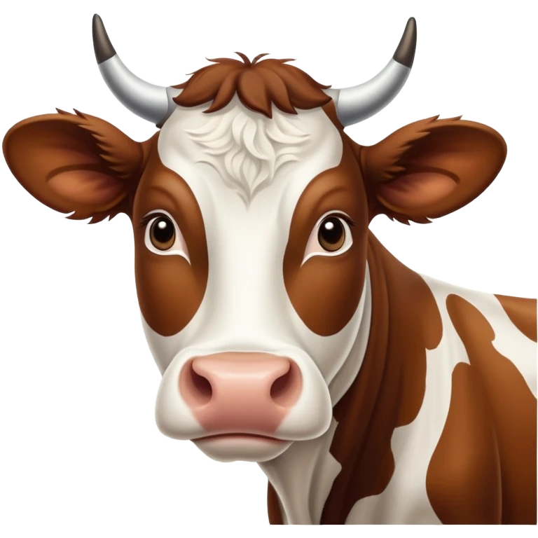 cinematic-noble-brown-and-white-cow-portrait-emoji,-poised-and-regal,-with-a-large,-sturdy-build-and-a-beautifully-patterned-hide-of-rich-brown-accented-by-crisp-white-patches,-deep-set-soulful-brown-eyes,-simplified-yet-sharp-and-sophisticated emoji