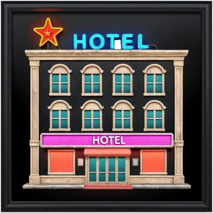 Hotel barato con letrero de neón en la fachada. emoji