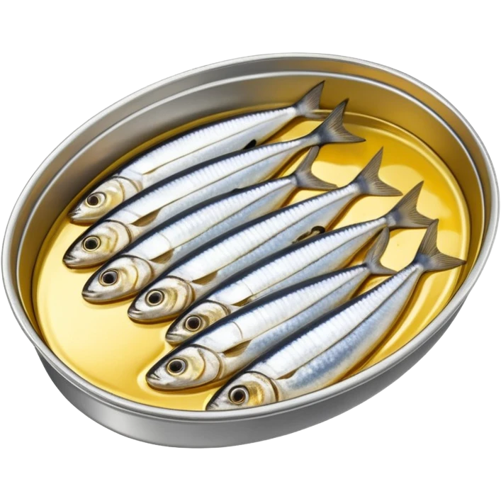 open oval tin showing tightly packed whole sardines in shiny silver skin, slightly overlapping and nestled in golden oil or tomato sauce, clean outlines, glossy preserved texture, no fork, garnish, or label, just the open tin and contents, soft lighting, subtle shadows, emoji scale emoji