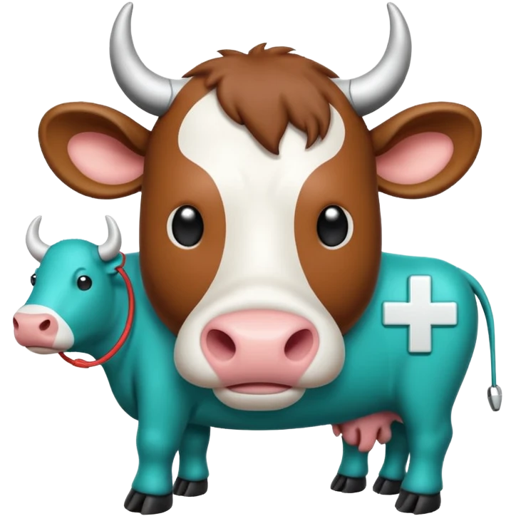 Emoji-style icon of a cow and buffalo with a medical cross and warning pulse or health indicator, showing disease detection. Simple emoji design, teal and white theme, no text, transparent background. emoji