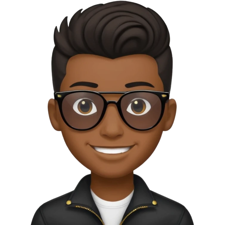14 year old Mexican with a black pompadour with the left side of his hair a little bit on the face grinning with sunglasses emoji