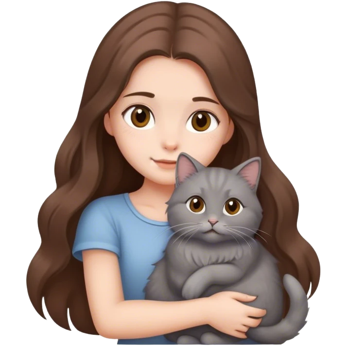 Girl with long brown hair holding a cat emoji