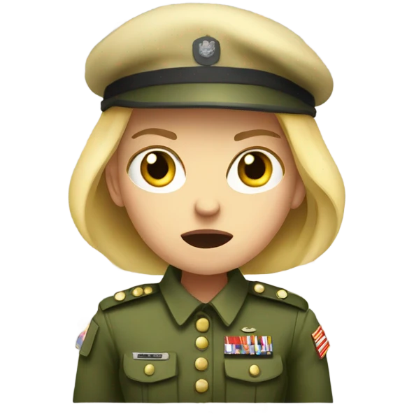 Blonde girl in soldier uniform looking scared emoji