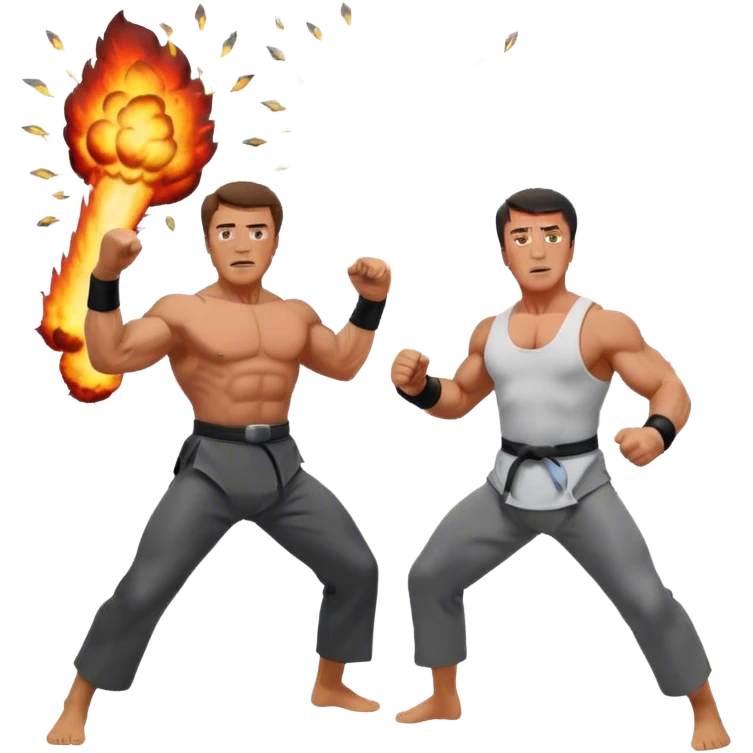 Arnold Schwarzenegger and Sylvester Stallone, surrounded by explosions, weapons, and martial arts moves. The design should capture the high-energy, dynamic nature of their films. Transparent background. emoji