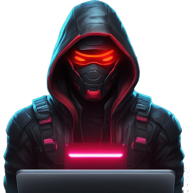 developer behind his laptop with this style : crysis Cyberpunk Valorant neon glowing bright red character dark red black hooded assassin themed character emoji