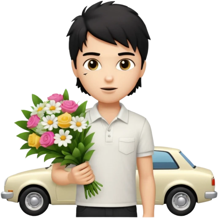 generate a pretty fair bratz boy with a messy mullet (black hair), wearing a white polo.  carrying a bouquet made of money. expensive car behind him emoji