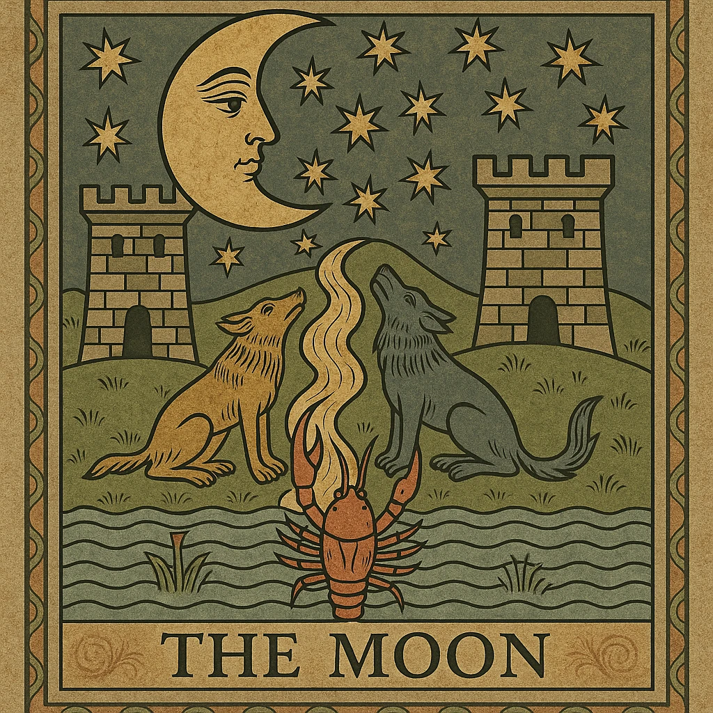 Add a prominent lobster emerging from the water at the bottom of The Moon tarot card, in the same vintage Marseille tarot style, keeping all other vintage details and ornate embellishments intact. The style should match the vintage Marseille tarot card exactly as in the reference image. emoji