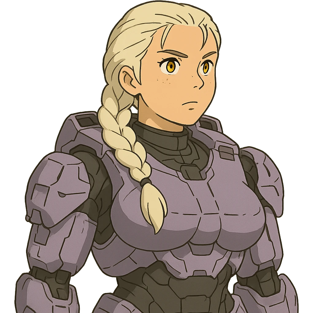 female, wearing reach spartan armor default, long white braid hair, gold yellow eyes, attention pose, halo series, no helmet, the armor is lavender color scheme and has no shoulder pad attachments. DDD bust size fitting emoji