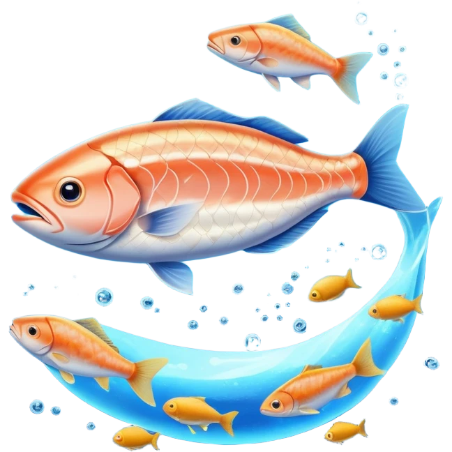 Golden omega-3 capsule floating in blue liquid currents, with salmon fillets, walnuts, chia seeds, and flaxseeds orbiting alongside an ethereal fish near a radiant brain. Blue waves expand from the brain, showing the mental clarity and emotional benefits of omega-3 rich foods. emoji