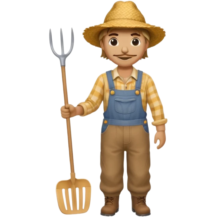 Scarecrow, Dressed like a farmer with overalls, straw hat, and a rake tucked in one arm, body on stick emoji