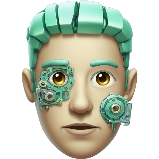 Pastel green haired male cyborg head with monocle and circuitry emoji