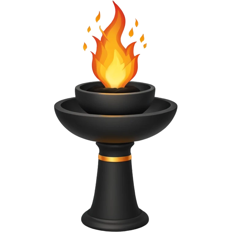 A minimalist stone pedestal with a tall rectangular base and a shallow black bowl on top, designed as a modern torch or brazier. Bright flames rise from the bowl emoji