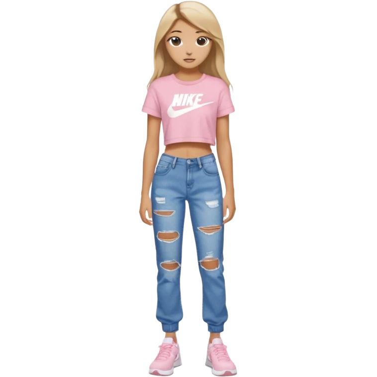 preppy teenage girl, tan, less blonde highlights, brown long hair, long eyelashes, beach aesthetic, wearing cute clothes, wearing ripped blue long baggy jeans with a light pink sexy crop top, wearing Nike shoes, very sexy, very long eyelashes, very pretty emoji