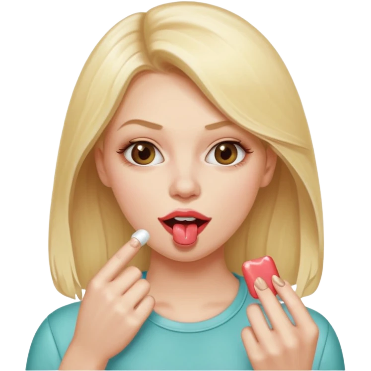 Elle fais une peu petasse, elle se mord le coin la lèvres. Elle est blonde. Ongles vernis marrons. Elle mâche un chewing-gum  emoji