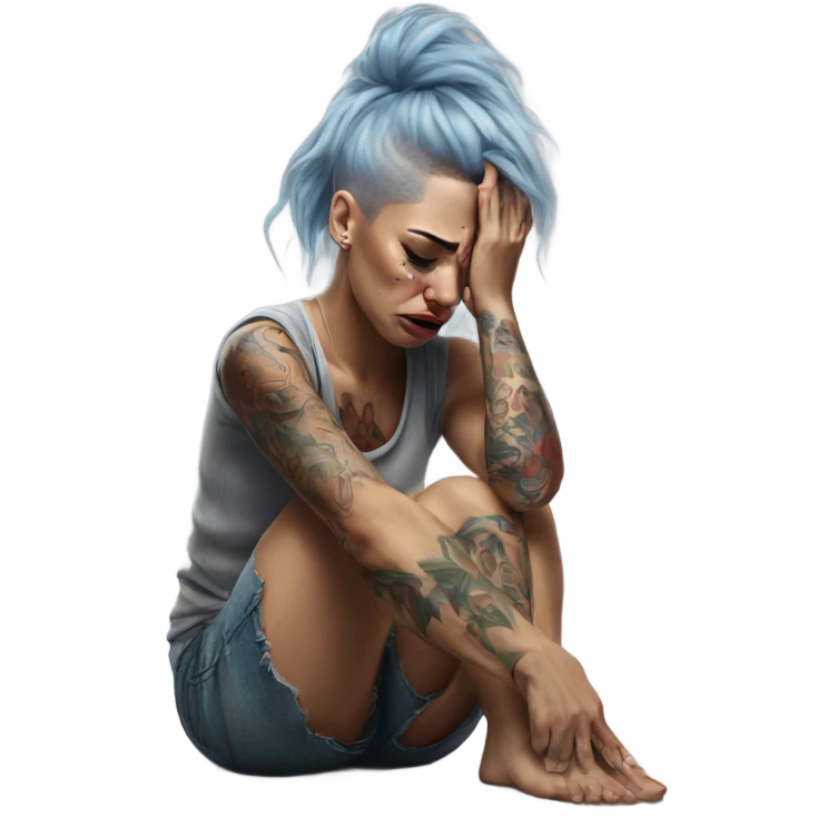 Hyper Realistic Beautiful tattooed woman crying sadly on the floor  emoji
