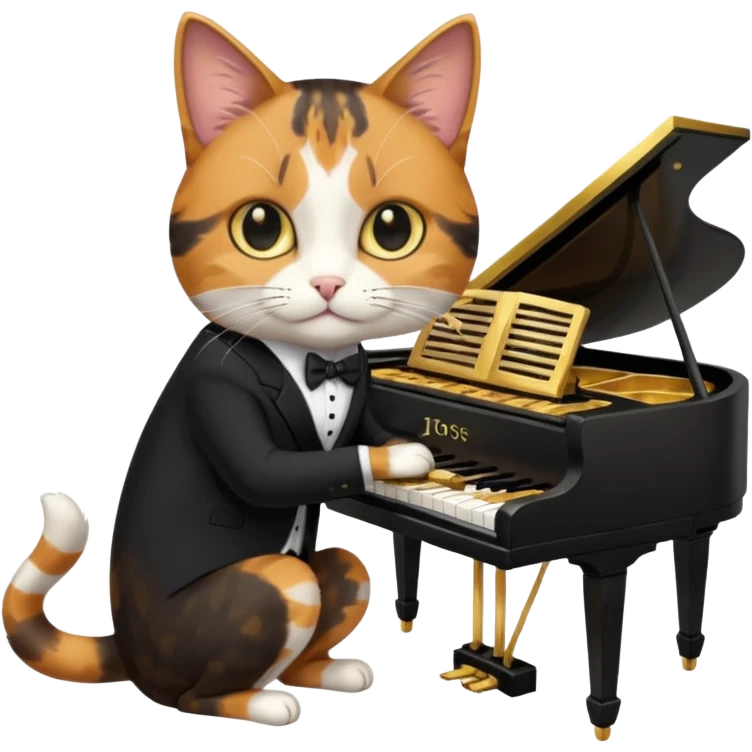 calico cat play gold piano, wear black suit, portrait emoji
