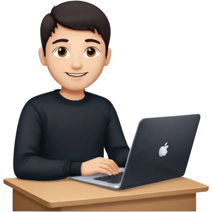 memoji of a man with a laptop, apple-style, modern, dark hair, black sweater, Indian fair skin, small cute smile, holding a computer, sitting at a desk, light blue gradient background emoji
